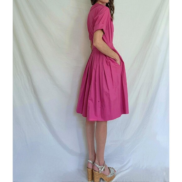 1950s Vintage Shirtwaist Dress: Hot Pink Pleated Cotton Day Dress, Womens - Picture 8 of 13